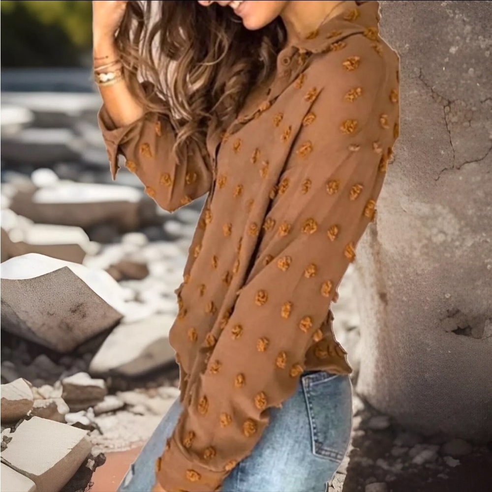 Sexy Coffee/Brown Collared Button Down W/Puffy Circle Designs Button Cuff Shirt - Picture 1 of 5